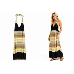 Tea & Honey S Festival Resortwear Striped Halter Maxi Dress Backless Boho Resort